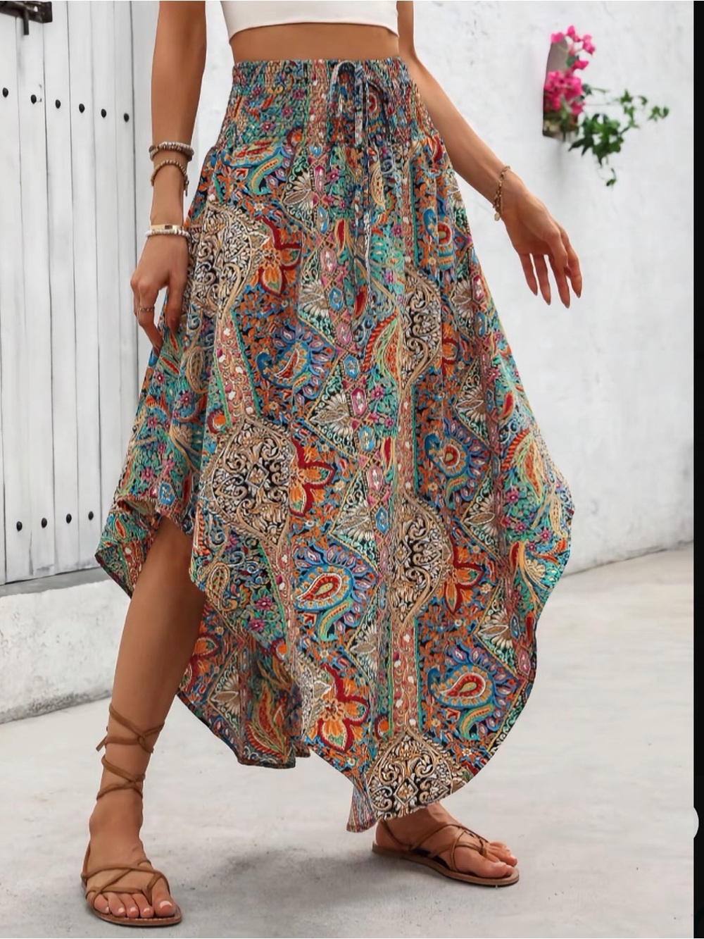 Bohemian Paisley Handkerchief Hem Maxi Skirt - Multicolor